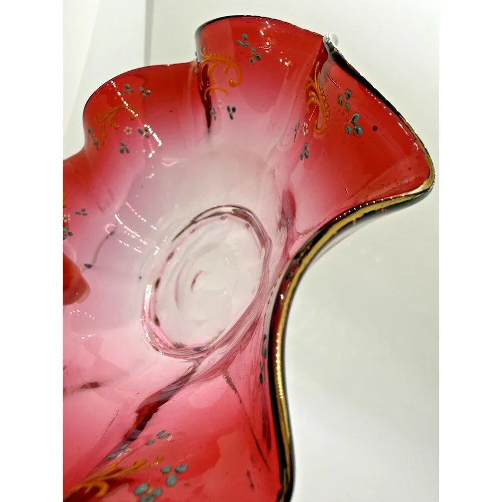 Vintage Murano Style Red Art Glass Bowl Hand Painted Gold Ruffled Rim Rare - Picture 2 of 11